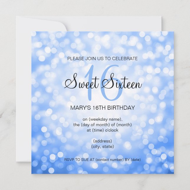 Sweet 16 Birthday Party Blue Glitter Lights Invitation (Front)