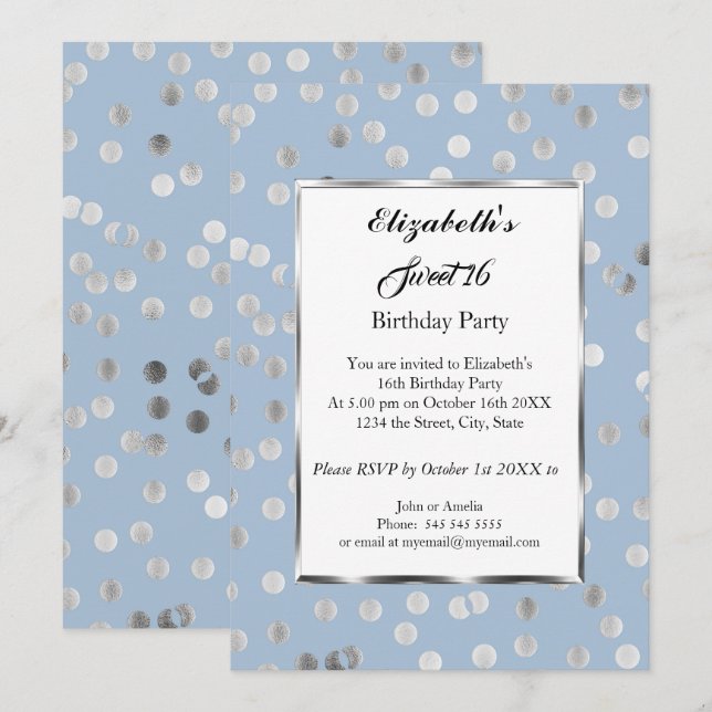 Sweet 16 Birthday Party Blue Party Silver Bubbles Invitation (Front/Back)