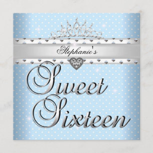 Sweet 16 Birthday Party Blue White Spots Tiara Invitation