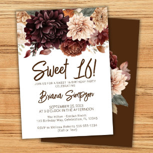 Sweet 16 Birthday Party Brown Beige Floral Invitation