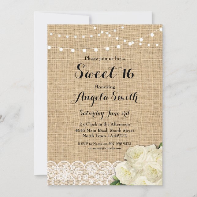 Sweet 16 Birthday Party Burlap Lace Roses Invite (Front)