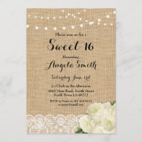 Sweet 16 Birthday Party Burlap Lace Roses Invite