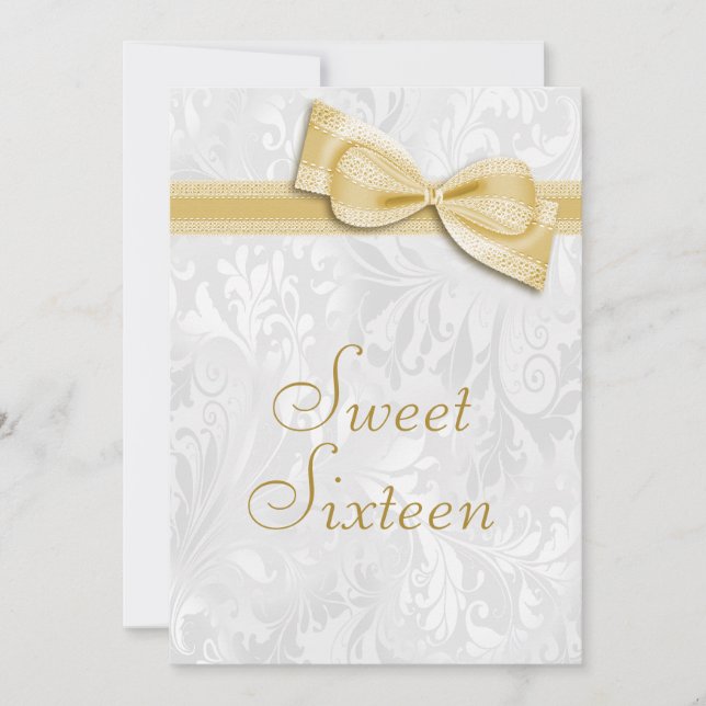 Sweet 16 Birthday Party Damask and Faux Bow Invitation (Front)
