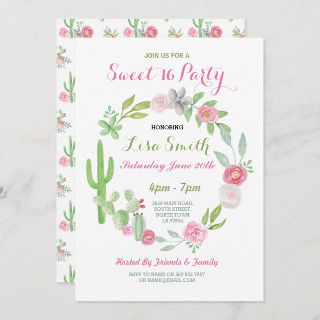 Sweet 16 Birthday Party Fiesta Cactus Invitation (Front/Back)
