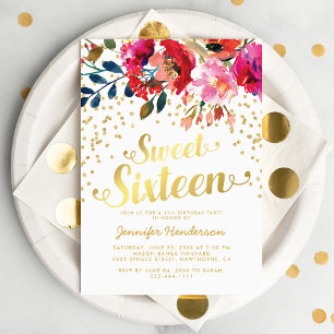 Sweet 16 Birthday Party Floral Gold Glitter Invitation