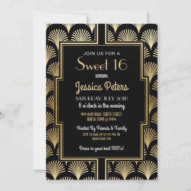 Sweet 16 Birthday Party Gatsby Art Deco Gold 16th Invitation (Front)