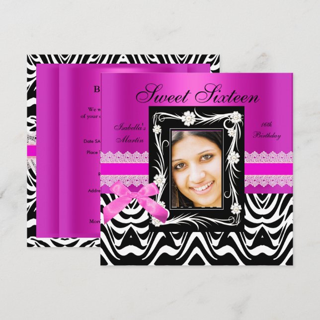 Sweet 16 Birthday Party Hot Pink Black Zebra Invitation (Front/Back)