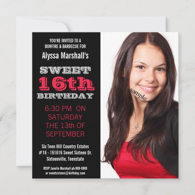 Sweet 16  Birthday Party Mod Black and Red Invitation (Front)