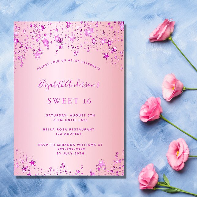Sweet 16 birthday party pink stars sprinkle invitation (Creator Uploaded)