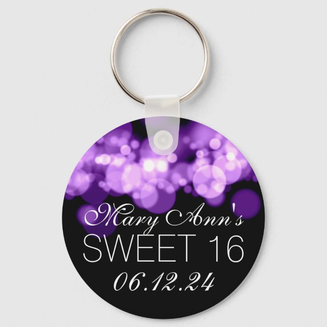 Sweet 16 Birthday Party Purple Bokeh Lights Keychain (Front)