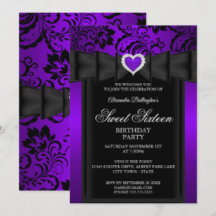 Sweet 16 Birthday Party Purple Heart Damask Invitation