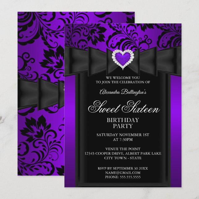 Sweet 16 Birthday Party Purple Heart Damask Invitation (Front/Back)