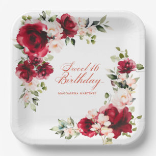 Sweet 16 Birthday Party Red Pink Floral Custom Paper Plate