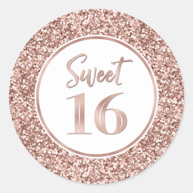 Sweet 16 Birthday Party Rose Gold Glitter Pattern Classic Round Sticker (Front)