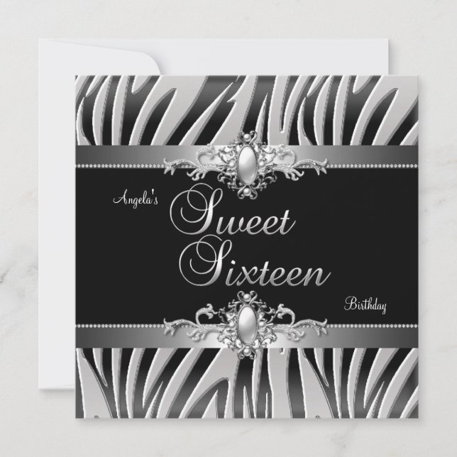 Sweet 16 Birthday Party Silver Black Zebra Jewel 2 Invitation (Front)