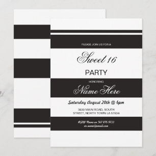 Sweet 16 Birthday Party Stripe Black White Invite