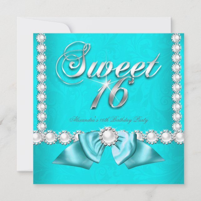 Sweet 16 Birthday Party Teal Blue Aqua Pearls Invitation (Front)