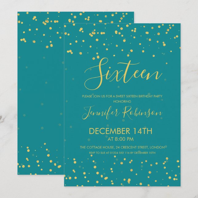 Sweet 16 Birthday Party Teal Gold Foil Dots Invitation (Front/Back)