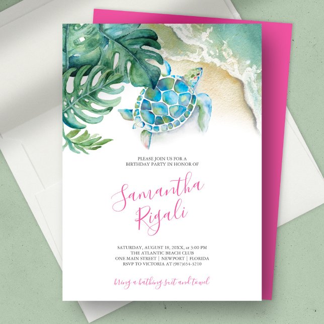 Sweet 16 Birthday Party Tropical Theme Invitation (birthday party sweet 16 tropical luau sea turtle ocean waves green monstera palm leaves)