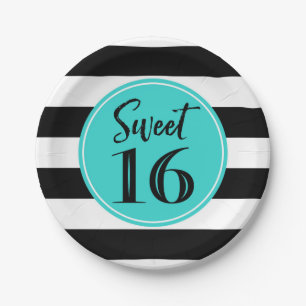 Sweet 16 Birthday Party Turquoise White Stripes Paper Plate