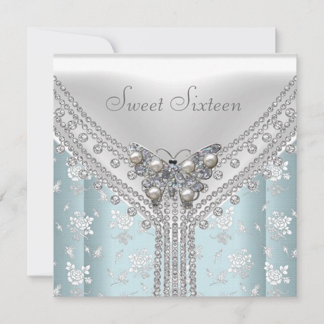 Sweet 16 Birthday Party White Blue Butterfly Invitation (Front)