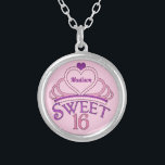 Sweet 16 Birthday Personalized Pink Princess Tiara Silver Plated Necklace<br><div class="desc">Cute sweet sixteen necklace birthday gift to give out as party favours at the end of your big teenage bash. Personalize by writing your name in pretty purple script inside of the pink tiara. A pretty sweet 16 design.</div>
