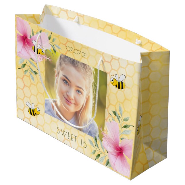Sweet 16 birthday photo bumble bees honeycomb large gift bag (Back Angled)