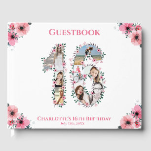 Sweet 16 Birthday Photo Collage Flower Girl White Guest Book