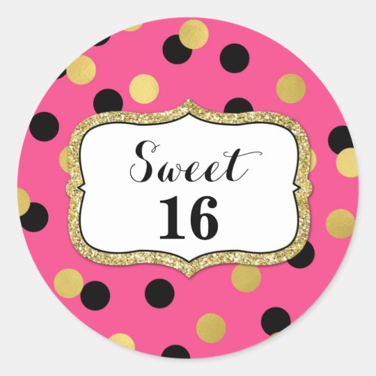 Sweet 16 Birthday Pink Black Gold Confetti Classic Round Sticker