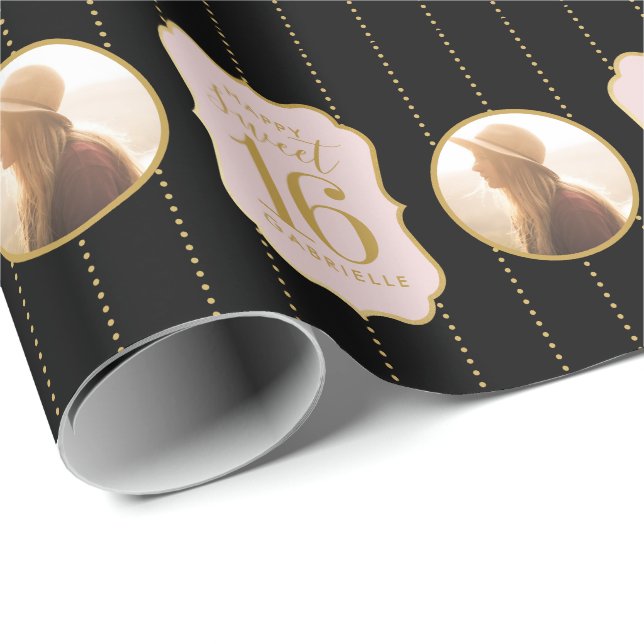 Sweet 16 Birthday Pink Black Personalized Photo Wrapping Paper (Roll Corner)