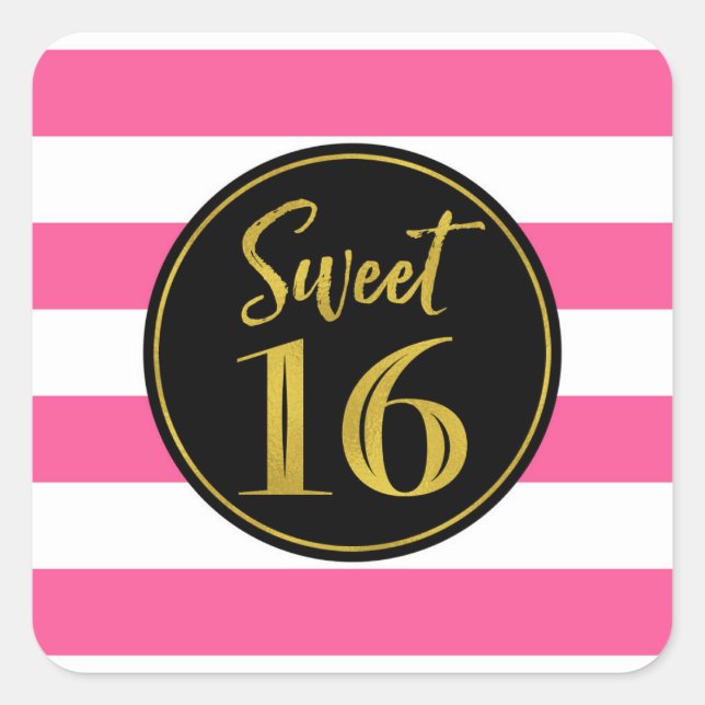 Sweet 16 Birthday Pink Black White Gold Square Sticker (Front)