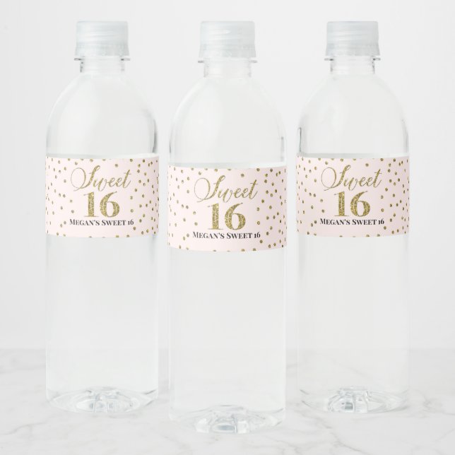 Sweet 16 Birthday Pink Gold Confetti Water Bottle Label (Bottles)