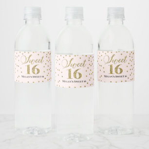 Sweet 16 Birthday Pink Gold Confetti Water Bottle Label