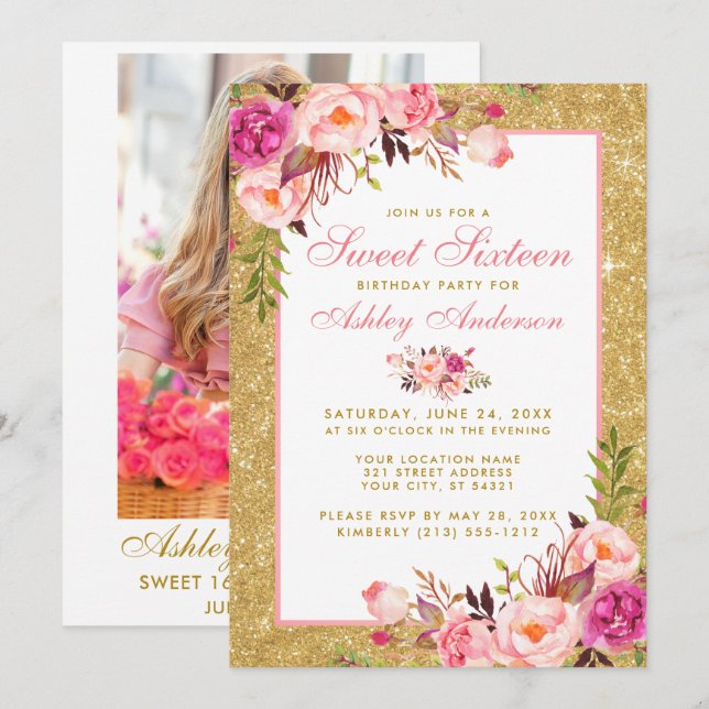 Sweet 16 Birthday Pink Gold Invite - Photo Back (Front/Back)