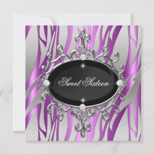Sweet 16 Birthday Pink Purple Zebra Black Stripe Invitation