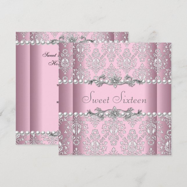 Sweet 16 Birthday Pink Silver White Pearl Lace Invitation (Front/Back)