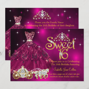 Sweet 16 Birthday plum Pink Dress Tiara Carriage Invitation