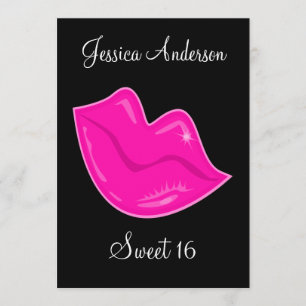 Sweet 16 Birthday Pretty Pink Lips on Black 3 Invitation