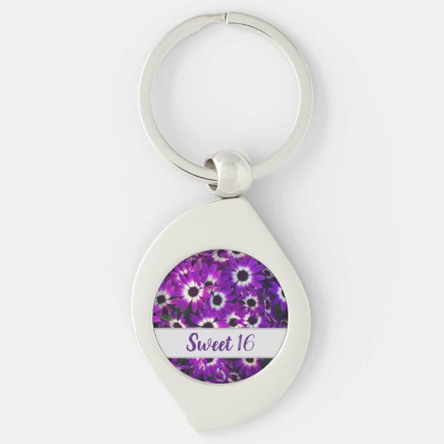 Sweet 16 Birthday Purple Flower Photo Floral Keychain (Front)