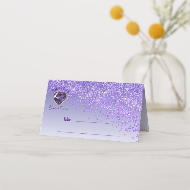 Sweet 16 Birthday Purple Glitter & Purple Gem Place Card (Front)
