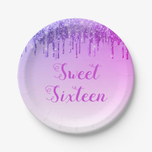 Sweet 16 Birthday Purple Glitter Sparkle Paper Plate