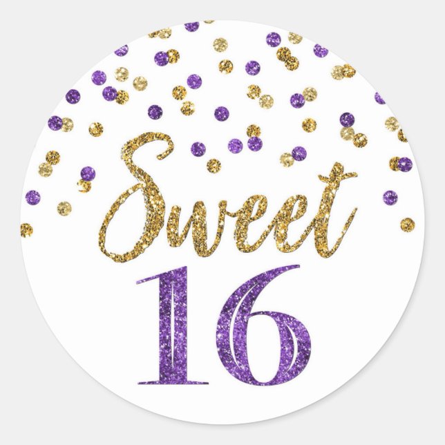 Sweet 16 Birthday Purple Gold Confetti Classic Round Sticker (Front)