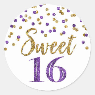 Sweet 16 Birthday Purple Gold Confetti Classic Round Sticker