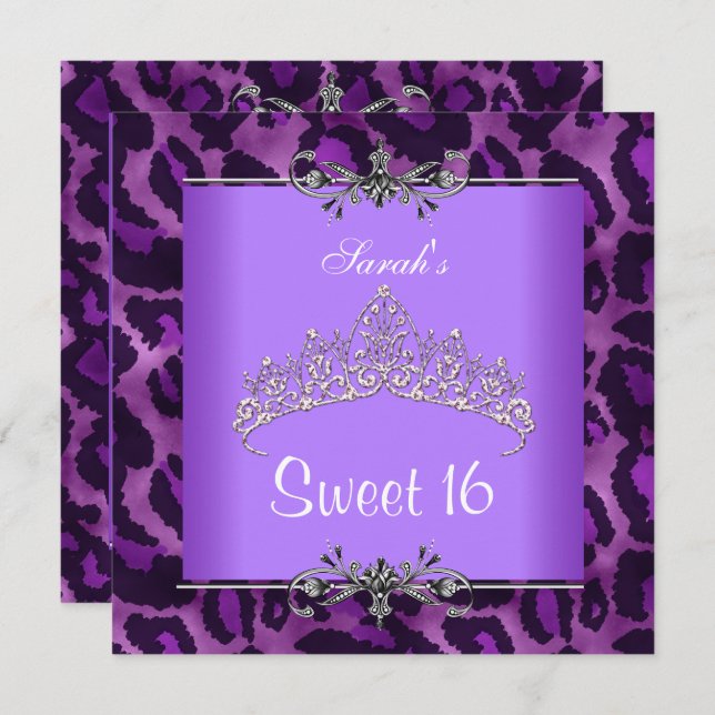 Sweet 16 Birthday Purple Leopard Silver Tiara Invitation (Front/Back)