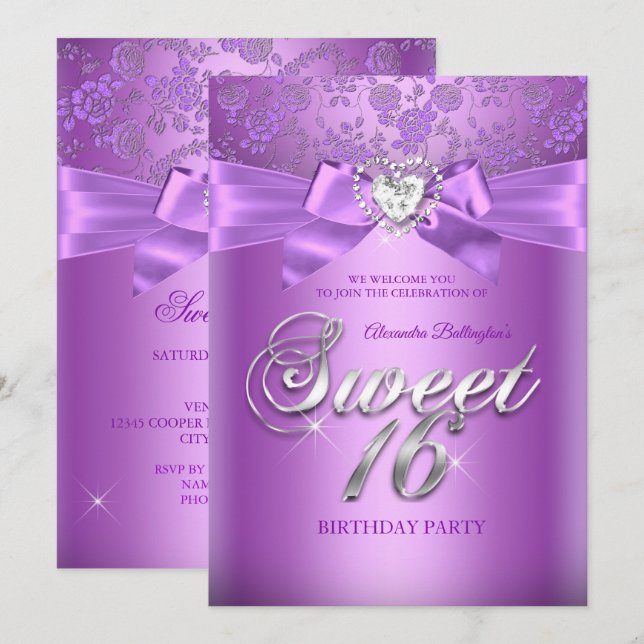 Sweet 16 Birthday Purple Lilac Diamond Heart Invitation (Front/Back)