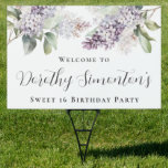 Sweet 16 Birthday Purple Lilac Flower Welcome Yard Garden Sign<br><div class="desc">Soft watercolor purple lilacs create a pretty springtime Sweet 16 birthday welcome yard sign. The calligraphy adds an elegant touch. All of the text is easily edited. This item is part of the Purple Spring Lilac Flower collection. It lets you choose a theme and then easily create a unique invitation...</div>