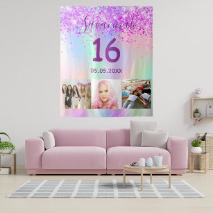 Sweet 16 birthday purple pink holographic photo tapestry