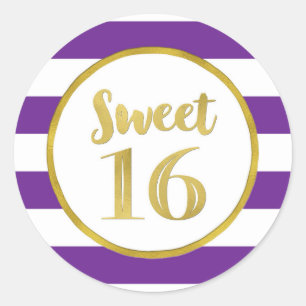 Sweet 16 Birthday Purple Stripes Gold Classic Round Sticker