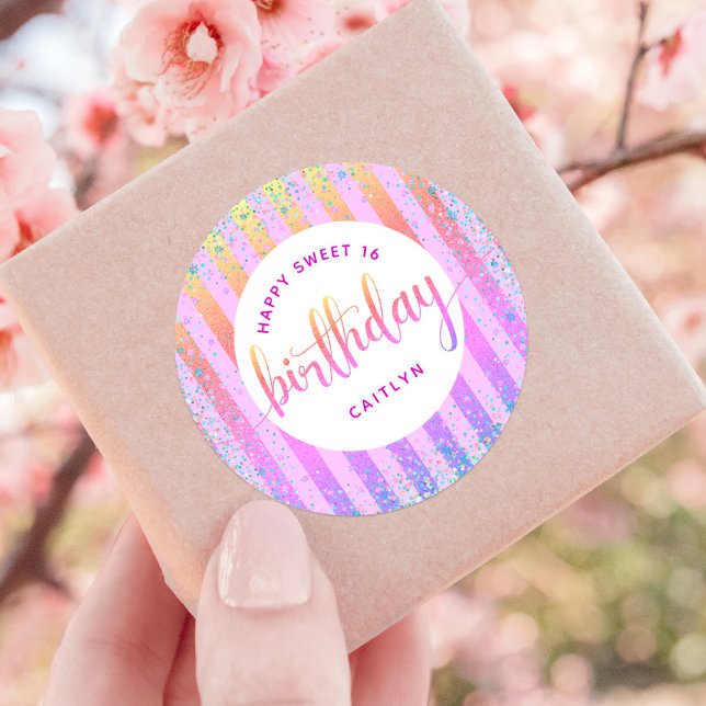 Sweet 16 birthday rainbow ombre glitter script classic round sticker (Creator Uploaded)