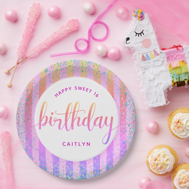 Sweet 16 birthday rainbow ombre glitter script paper plate (Party)